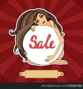 Sale poster with a girl, circle banner vector illustration