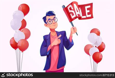 Sale poster with balloons and man hold banner. Concept of discount, special offer in shop, promotion flyer. Vector cartoon illustration of man pointing on text on red flag. Sale poster with balloons and man hold banner