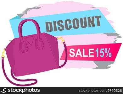 Sale poster with womens bag. Discount, special offers promotion, shopping advertisement. Hand drawn style vector design illustration shop now concept, black friday marketing advertising template. Sale poster with womens bag, shop now. Discount, special offers promotion, shopping advertisement