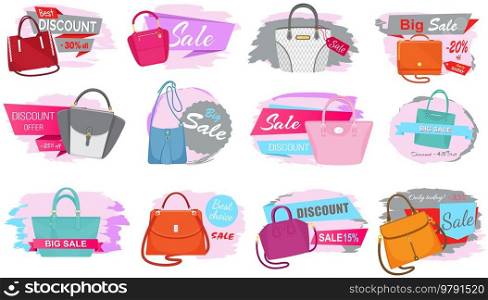 Sale poster with womens bag. Discount, special offers promotion, shopping advertisement. Hand drawn style vector design illustration shop now concept, black friday marketing advertising template. Sale poster with womens bag, shop now. Discount, special offers promotion, shopping advertisement