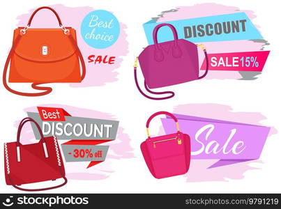 Sale poster with womens bag. Discount, special offers promotion, shopping advertisement set. Hand drawn style vector design illustration shop now concept, black friday marketing advertising template. Sale poster with womens bag, shop now. Discount, special offers promotion shopping advertisement set