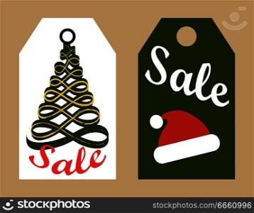 Sale promo tags ready to use stickers vector illustrations in shopping concept. Labels with Christmas tree and red Santa hat promotional advertisement. Sale Promo Tags Ready to Use Stickers Vector Icons