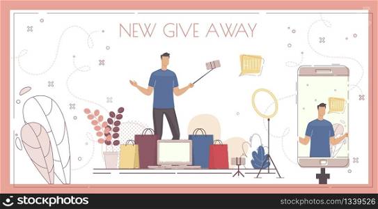 Sale Promotion Campaign, Giveaway Event Online Advertising, Blogger Audience Engaging for Shopping Concept. Blogger Recommending Store, Shop or Product to Followers Trendy Flat Vector Illustration