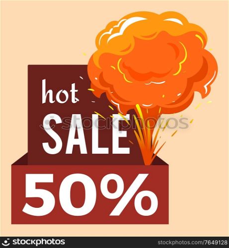 Sale promotional banner, discount 50 percent off. Isolated announcement with stripes and explosions. Proposal half price reduction, shop and market cost lowering. Explosion vector in flat style. Hot Sale 50 Percent Banner Discount Announcement