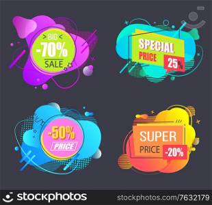 Sale proposition vector, isolated set of banners with abstract design for Black friday sale, 70 percent reduction, coupons from markets flat style stickers proposals offers. Sale Super Price and Reduction Discounts Banner