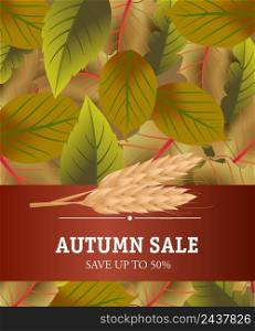 Sale Save up to fifty percent lettering on brown background. Creative inscription with wheats and dark green leaves. Illustration with lettering can be used for banner, posters and leaflets