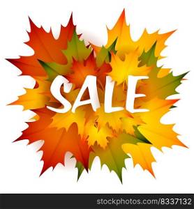 Sale seasonal leaflet design with heap of leaves. Text with orange, green and yellow fall maple foliage. Vector illustration can be used for banners, posters, ads, promo