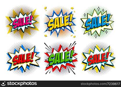 Sale set. Comic style pop art template banners. 6 Sale inscriptions on comics bang shapes and halftones. Pop-art comics style web banners, flash animation, tag, sticker. Vector illustration. Black Friday sale set. Comic style template banners. 4 Sale inscriptions on black and red backgrounds. Pop-art comics style web banners, flash animation.