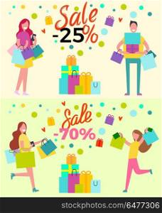 Sale Set of Banners Depicting Adults and Purchases. Sale set of banners depicting adults and bags with their purchases. Isolated vector illustration of happy man and cheerful women on shopping spree