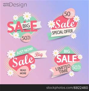 Sale - set of fashion color modern labels with halftone background and flowers. Sale and discounts. Vector illustration.. Sale - set of fashion color modern labels.