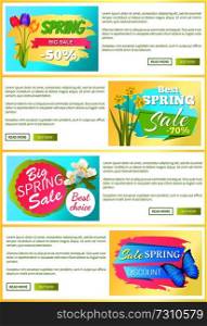 Sale set of web posters with stickers daffodils tulips apple blossoms and butterflies advertisement label with springtime flowers blooming buds, vector. Sale Set of Web Posters Stickers Daffodils Tulips
