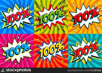 Sale set. Sale one hundred percent 100 off tags on a Comics style bang shape background. Pop art comic discount promotion banners. Seasonal discounts, Black Friday, cyber monday. Vector illustration. Sale set. Sale one hundred percent 100 off tags on a Comics style bang shape background. Pop art comic discount promotion banners. Seasonal discounts, Black Friday, cyber monday.