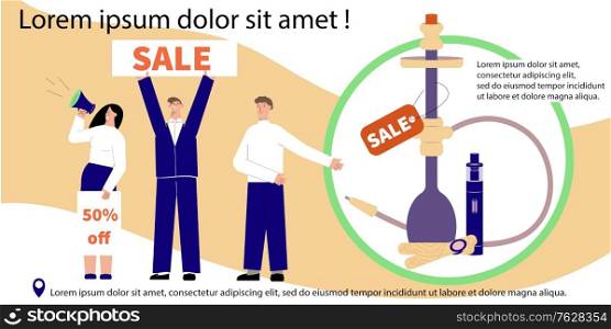 Sale shop horizontal banner with composition of text flat smoking products and people with discount placards vector illustration