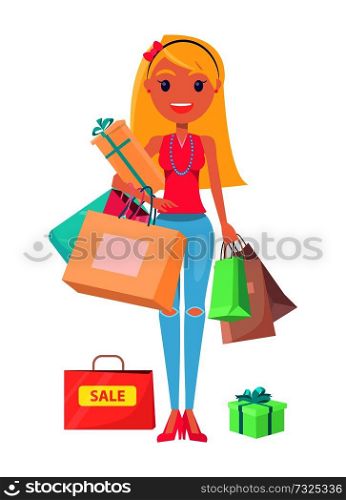 Sale shopaholic girl with bags and presents, shopaholic girl happy of sales and discounts, shopping vector illustration isolated on white background. Sale Shopoholic Girl with Bags Vector Illustration