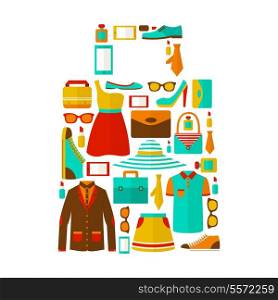 Sale shopping carry bag made of clothes shoes makeup accessories concept vector illustration