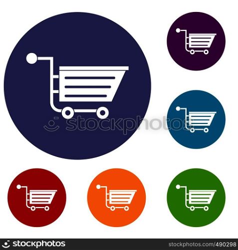 Sale shopping cart icons set in flat circle red, blue and green color for web. Sale shopping cart icons set