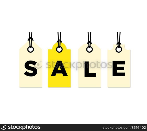 Sale signboard isolated on white background, labels hanging on ropes. For banner ads, big discounts and black friday