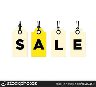 Sale signboard isolated on white background, labels hanging on ropes. For banner ads, big discounts and black friday