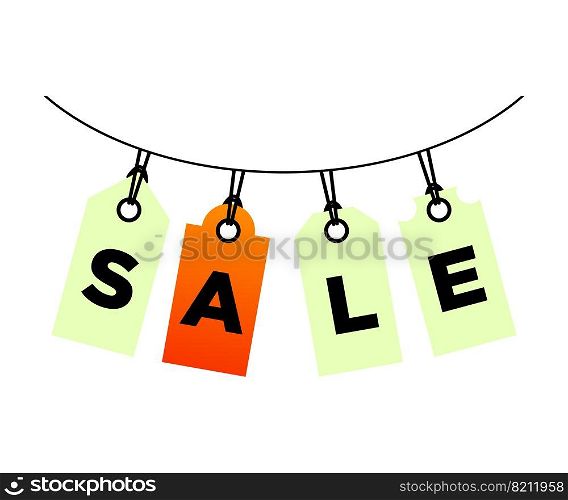 Sale signboard isolated on white background, orange labels suspended on ropes. For banner ads, big discounts and black friday