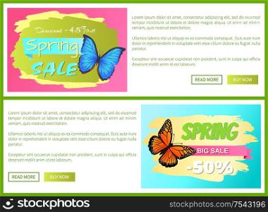 Sale spring discount labels butterfly with dots, wings with ornaments, moths springtime creatures vector promo stickers price off concept emblems on web posters. Sale Spring Discount Labels Butterfly Dots, Wings