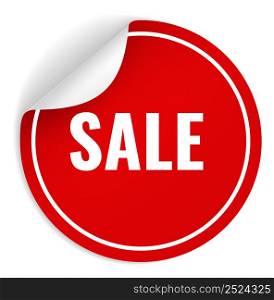 Sale sticker. Red round promotional element with white letters and curled corner, realistic shadow, marketing promotion emblem, special offer or shopping or discount tag, vector isolated single object. Sale sticker. Red round promotional element with white letters and curled corner, realistic shadow, marketing promotion emblem, special offer or shopping or discount tag, vector object