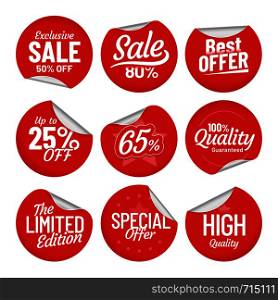 Sale sticker. Shopping tag label, red on sale stickers with bent edge and price off labels. Discount pricing labels, best sales prices badges coupons isolated vector symbols set. Sale sticker. Shopping tag label, red on sale stickers with bent edge and price off labels isolated vector set