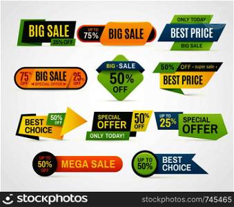 Sale stickers. Price tag label. Banner sticker or special colorful abstract flyer for mega big special cheap web sales badge. Graphic for offer labels design template vector isolated symbol collection. Sale stickers. Price tag label. Banner sticker or abstract flyer. Graphic for offer labels design template vector collection