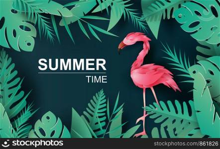 Sale Summer banner with flamingo on tropical exotic background,Minimal simple design for poster, flyer, invitation, card,web site.Creative design Paper cut style,Green jungle vector illustration EPS10