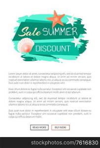 Sale summer discount summertime web poster with text. Seasonal proposal from market, reduction of price. Seashell and star marine creatures vector. Sale Summer Discount Summertime Vector Web Poster