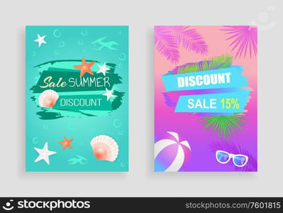 Sale summer discount, vector banner, curved ribbons. Sun glasses, starfish and seashell, underwater silhouettes, beach ball and palm leaves print. Summer Sale Vector Banner Promotion Leaflet Sample