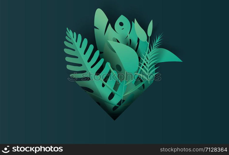 Sale Summer frame banner with on tropical leaf exotic background.Minimal green dark nature simple design for card.Creative design Paper cut and craft style.Template jungle vector illustration EPS10