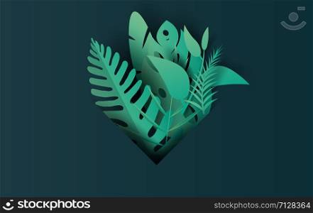 Sale Summer frame banner with on tropical leaf exotic background.Minimal green dark nature simple design for card.Creative design Paper cut and craft style.Template jungle vector illustration EPS10