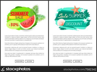 Sale summertime poster with text. Seasonal proposal, reduction of price. Seashell and starfish, watermelon and palm leaves, marine concept leaflets vector. Sale Summertime Poster with Text Seasonal Proposal