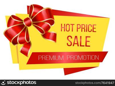 Sale super choice at shop. Isolated promotional banner of rounded shape with red ribbon bow decoration. Announcement of discounts in stores. Proposal at market, clearance for clients, vector. Sale Super Choice Promo Banner with Red Ribbon