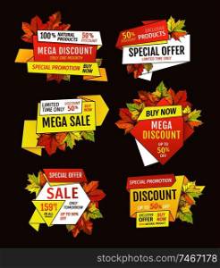 Sale super quality special offers labels set, up to 50 percent discount promo tags. Autumn half price advertising emblems, foliage and leaves vector. Sale Super Quality Special Offer 50 Percent Off