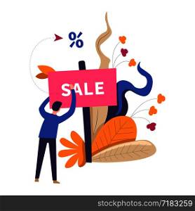 Sale table placed by shop worker with leaves vector. Price reduction in store, person and flowers, foliage and leaves decoration advertisement of mall. Shopping center with discounts and offers. Sale table placed by shop worker with leaves vector