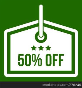 Sale tag 50 percent off icon white isolated on green background. Vector illustration. Sale tag 50 percent off icon green