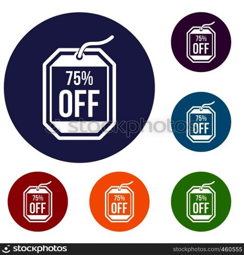 Sale tag 75 percent off icons set in flat circle reb, blue and green color for web. Sale tag 75 percent off icons set