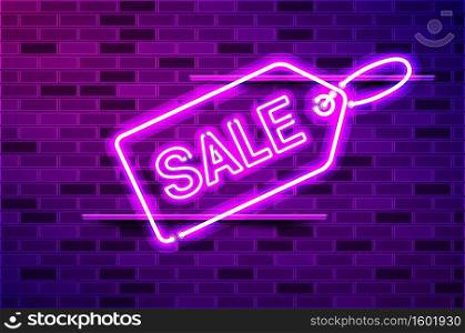 Sale tag glowing neon l&sign. Realistic vector illustration. Purple brick wall, violet glow, metal holders.. Sale tag glowing purple neon l&sign