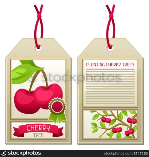 Sale tag of seedlings cherry trees. Instructions for planting tree. Sale tag of seedlings cherry trees. Instructions for planting tree.