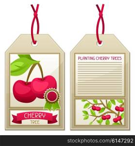 Sale tag of seedlings cherry trees. Instructions for planting tree. Sale tag of seedlings cherry trees. Instructions for planting tree.