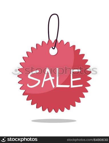 Sale tag vector illustration. Flat style. Round price tag with text, tear on string. For store goods sales and discounts advertising. Product label design. Black friday. On white background. Sale Tag Vector Illustration in Flat Design. Sale Tag Vector Illustration in Flat Design