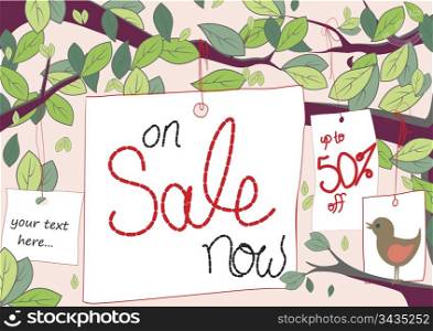 Sale tags hang from trees with space for text like 50% off