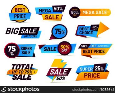 Sale tags. Retail sales stickers, promotion price label and store pricing banner sticker. Web sale promo tag or best special cheap prices discount. Total mega sale isolated vector icons set. Sale tags. Retail sales stickers, promotion price label and store pricing banner sticker isolated vector set