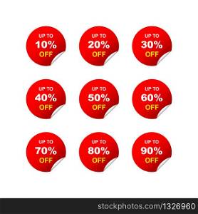 Sale tags round set of 10, 20, 30, 40, 50, 60, 70, 80, 90 percent discount on a white background. Vector illustration EPS 10