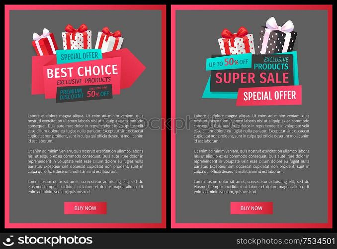 Sale tags with info about discounts on vector web site templates. Balloons and shopping carts, emblems. Pages samples with gift boxes, presents for purchases. Sale Tags with Info About Discount Vector Web Site