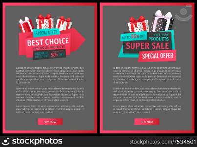 Sale tags with info about discounts on vector web site templates. Balloons and shopping carts, emblems. Pages samples with gift boxes, presents for purchases. Sale Tags with Info About Discount Vector Web Site