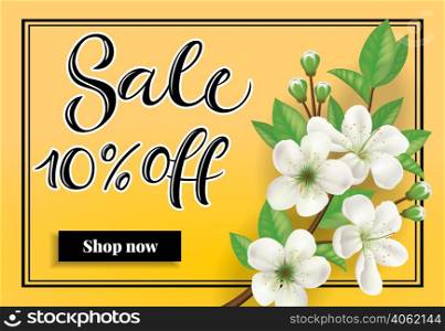 Sale ten percent off Shop now lettering. Springtime inscription with apple blossom twig. Handwritten text, calligraphy. Can be used for greeting cards, posters and leaflets