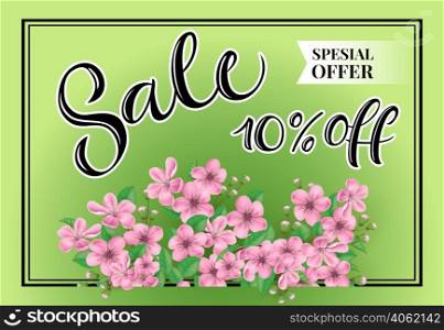 Sale ten percent off Special offer lettering. Springtime inscription with pink flower meadow. Handwritten text, calligraphy. Can be used for greeting cards, posters and leaflets