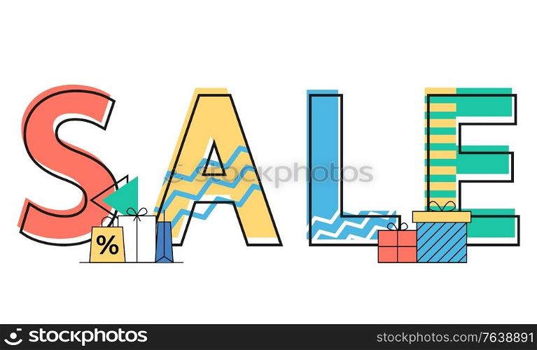 Sale text fonts with abstract geometric decorative elements vector. Isolated banner with presents in boxes and wrapping paper. Promotional poster with gifts, special offer from shops and stores flat. Sale Banner for Discounts and Holidays Promotions